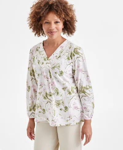 Style & Co Petite V-neck Pin-tuck Top, Exclusively At Macy's In Marble Natural