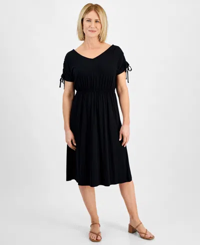Style & Co Petite V-neck Shirred-sleeve Knit Dress, Created For Macy's In Deep Black
