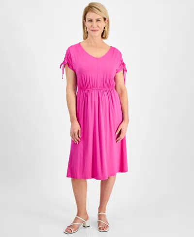 Style & Co Petite V-neck Shirred-sleeve Knit Dress, Created For Macy's In Fuchsia Tulip