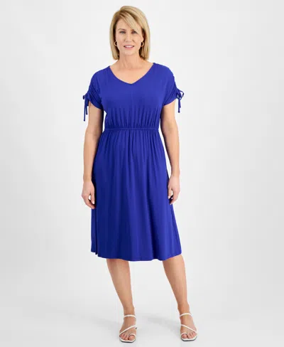 Style & Co Petite V-neck Shirred-sleeve Knit Dress, Created For Macy's In Jazzy Blue