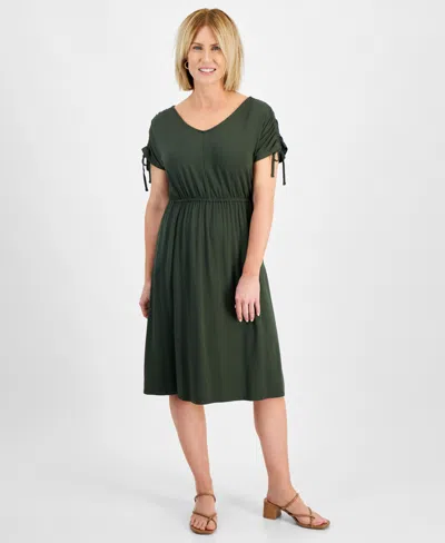 Style & Co Petite V-neck Shirred-sleeve Knit Dress, Created For Macy's In Midnight Olive