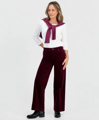 Style & Co Petite Velveteen High-rise Wide-leg Cotton-blend Pants, Macy's Exclusive In Burgundy