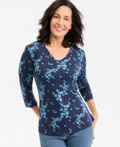 Style & Co Petite V-neck 3/4-sleeve Scattered Floral Print T-shirt, Created For Macy's In Blue