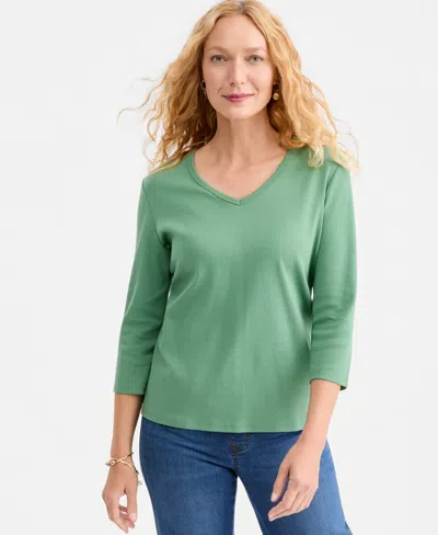 Style & Co Petite V-neck 3/4-sleeve T-shirt, Created For Macy's In Green
