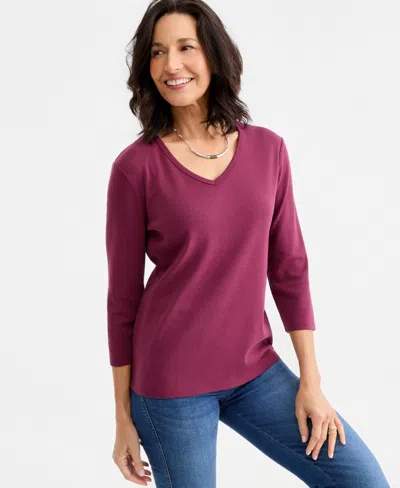 Style & Co Petite V-neck 3/4-sleeve T-shirt, Created For Macy's In Burgundy