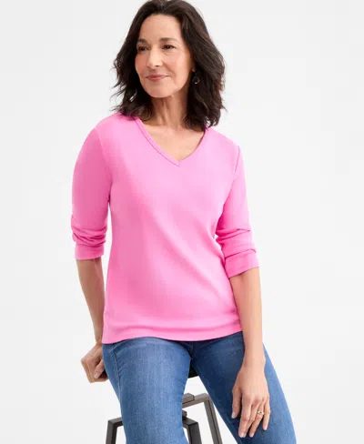 Style & Co Petite V-neck 3/4-sleeve T-shirt, Created For Macy's In Pink