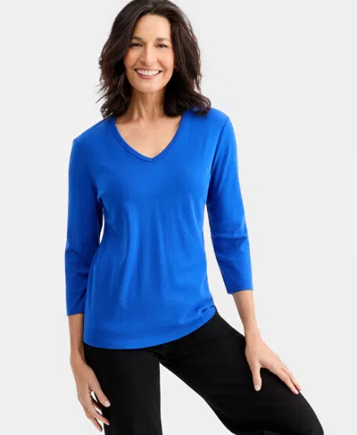 Style & Co Petite V-neck 3/4-sleeve T-shirt, Created For Macy's In Blue