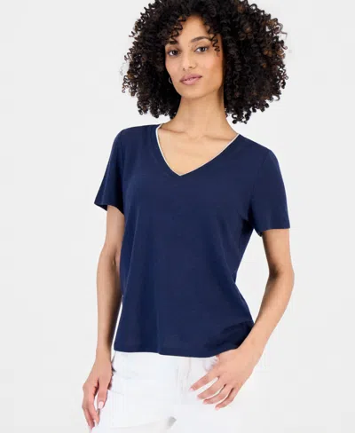 Style & Co Petite V-neck T-shirt, Macy's Exclusive In Blue