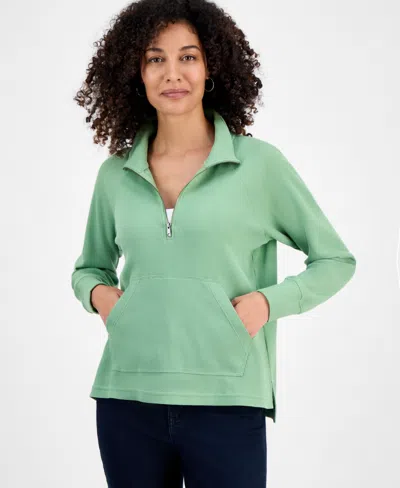 Style & Co Petite Waffle-knit Half-zip Sweatshirt, Macy's Exclusive In Green