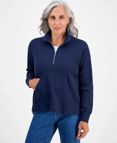 Style & Co Petite Waffle-knit Half-zip Sweatshirt, Macy's Exclusive In Blue