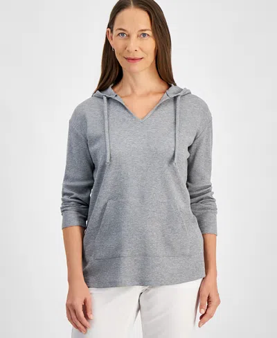 Style & Co Petite Waffle-knit Tunic Hoodie, Created For Macy's In Med Grey Heather