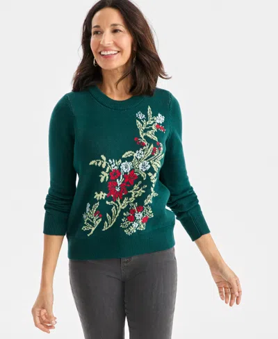 Style & Co Petite Whimsy Floral Long Sleeves Pull-on Sweater, Macy's Exclusive In Green