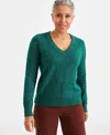 Style & Co Petite Whimsy Shine Pullover V-neck Sweater, Created For Macy's In Shine True Emrld