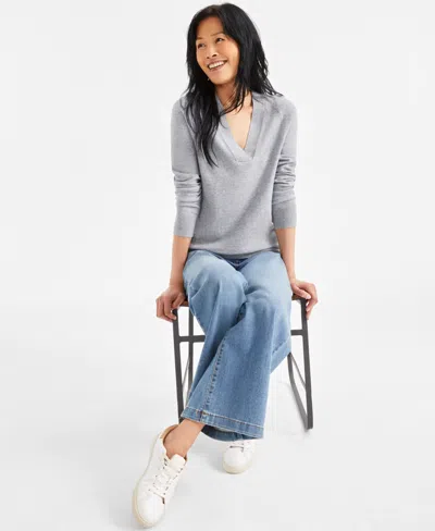 Style & Co Petite Wide V-neck Long-sleeve Sweater, Exclusively At Macy's In Med Grey H