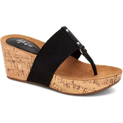 Style & Co Piperr Womens Faux Leather Thong Wedge Sandals In Black