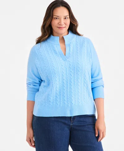 Style & Co Plus Cable Split Mockneck Long-sleeve Sweater, Macy's Exclusive In Blue