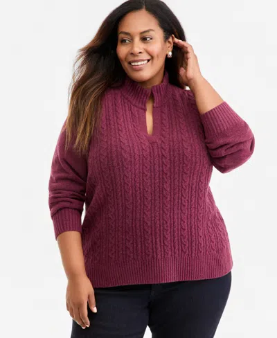 Style & Co Plus Cable Split Mockneck Long-sleeve Sweater, Macy's Exclusive In Burgundy