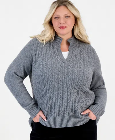 Style & Co Plus Cable Split Mockneck Long-sleeve Sweater, Macy's Exclusive In Gray