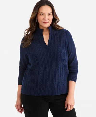 Style & Co Plus Cable Split Mockneck Long-sleeve Sweater, Macy's Exclusive In Blue