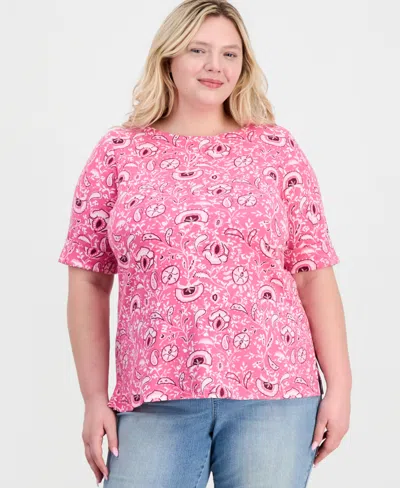 Style & Co Plus Printed Boat-neck Elbow-sleeve Top, Macy's Exclusive In Pink