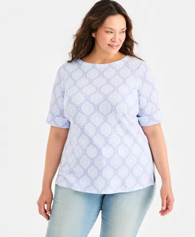 Style & Co Plus Printed Boat-neck Elbow-sleeve Top, Macy's Exclusive In White
