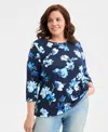 Style & Co Plus Printed Size Side-button Knit Tunic Top, Macy's Exclusive In Blue