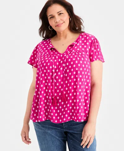 Style & Co Plus Printed Split-neck Flutter-sleeve Blouse, Macy's Exclusive In Pink