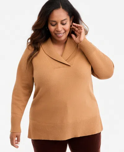 Style & Co Plus Shawl Collar Cotton-blend Sweater, Macy's Exclusive In Beechwood