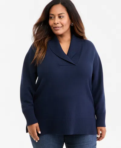 Style & Co Plus Shawl Collar Cotton-blend Sweater, Macy's Exclusive In Industrial Blue