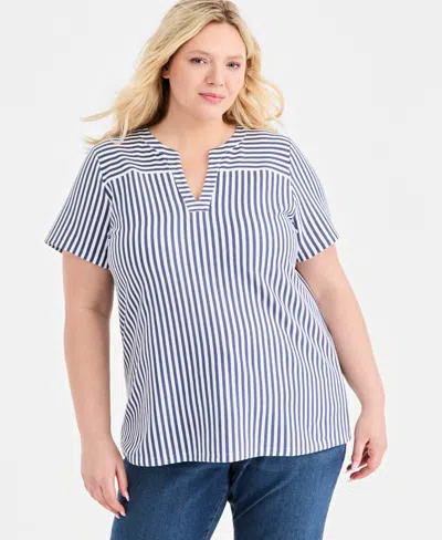 Style & Co Plus Short-sleeve Split-neck Knit Top, Macy's Exclusive In Blue