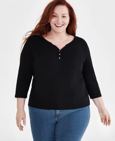 Style & Co Plus Size 3/4-sleeve Cotton Henley Top, Created For Macy's In Deep Black