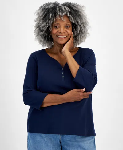 Style & Co Plus Size 3/4-sleeve Cotton Henley Top, Created For Macy's In Intrepid Blue