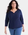 Style & Co Plus Size 3/4-sleeve Cotton Henley Top, Exclusively At Macy's In Blue