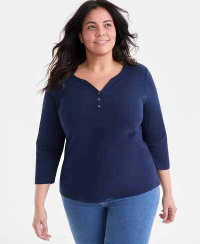 Style & Co Plus Size 3/4-sleeve Cotton Henley Top, Exclusively At Macy's In Blue