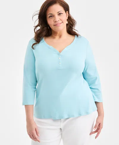 Style & Co Plus Size 3/4-sleeve Cotton Henley Top, Exclusively At Macy's In Blue