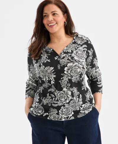 Style & Co Plus Size 3/4-sleeve Cotton Henley Top, Exclusively At Macy's In Black