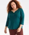Style & Co Plus Size 3/4-sleeve Cotton Henley Top, Exclusively At Macy's In Green