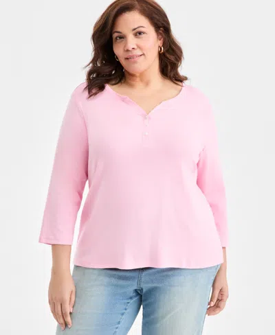 Style & Co Plus Size 3/4-sleeve Cotton Henley Top, Exclusively At Macy's In Pink