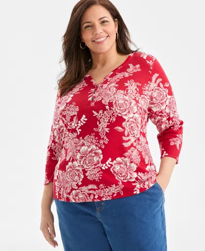 Style & Co Plus Size 3/4-sleeve Cotton Henley Top, Exclusively At Macy's In Red