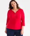 Style & Co Plus Size 3/4-sleeve Cotton Henley Top, Exclusively At Macy's In Red