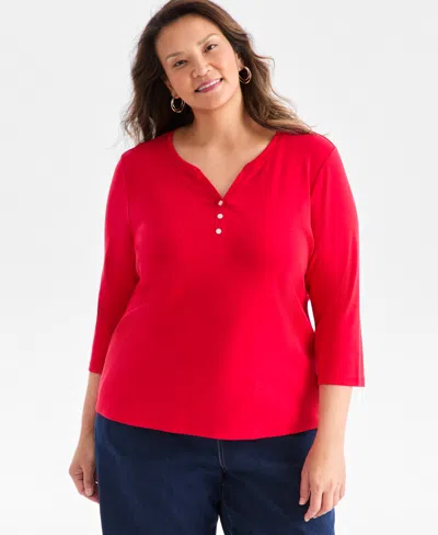Style & Co Plus Size 3/4-sleeve Cotton Henley Top, Exclusively At Macy's In Red