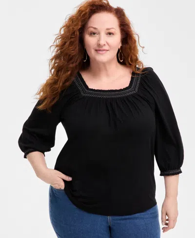 Style & Co Women's Smocked Square-neck Top, Exclusively At Macy's In Deep Black
