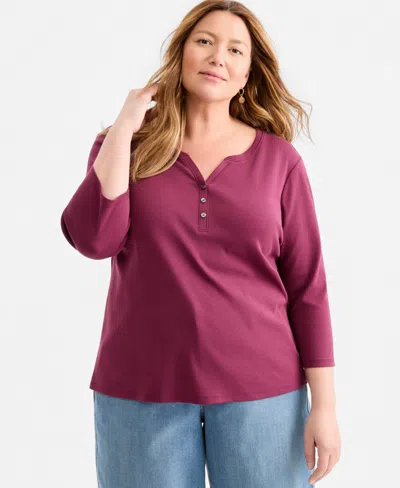Style & Co Plus Size 3/4-sleeve Cotton Henley Top, Exclusively At Macy's In Burgundy