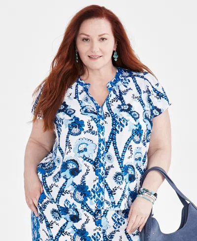 Style & Co Plus Size Belinda Border Flutter-sleeve Blouse, Created For Macy's In Belinda White