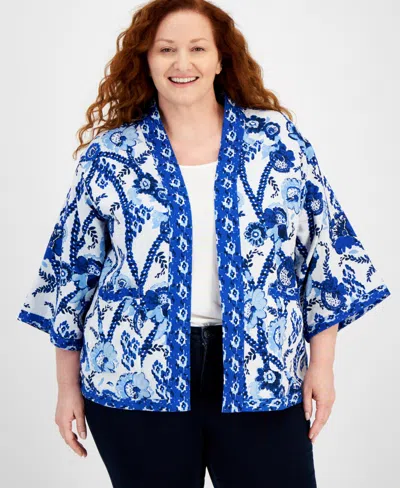 Style & Co Plus Size Belinda Border Reversible Kimono, Created For Macy's In Bel Border White