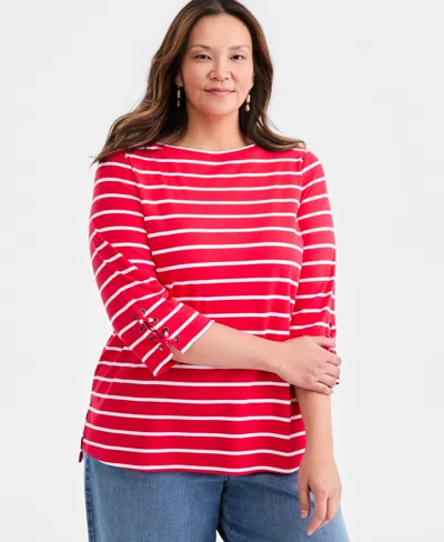 Style & Co Plus Size Boat-neck Cotton Lace-up-sleeve Tunic, Macy's Exclusive In Multi