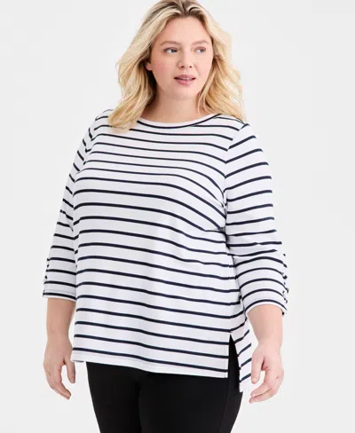 Style & Co Plus Size Boat-neck Cotton Lace-up-sleeve Tunic, Macy's Exclusive In Multi