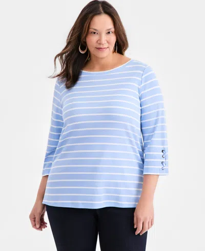 Style & Co Plus Size Boat-neck Cotton Lace-up-sleeve Tunic, Macy's Exclusive In Blue