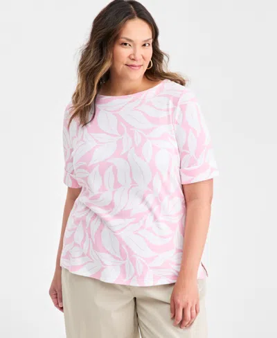 Style & Co Plus Size Boat-neck Cuffed-sleeve Top, Macy's Exclusive In Pink
