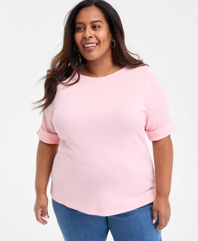 Style & Co Plus Size Boat-neck Elbow Sleeve Cotton Top, Exclusively At Macy's In Pink